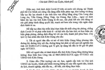 Thông báo Số 994 UBND-KGVX của ỦY BAN NHÂN DÂN TỈNH KIÊN GIANG  V/v yêu cầu người dân đến tỉnh Kiên Giang phải có kết quả xét nghiệm tầm soát Covid-19