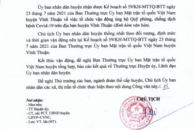 Công văn số 235/UBND huyện Vĩnh Thuận về việc đóng góp 1 ngày lương ủng hộ Quỹ phòng, chống Covid 19.