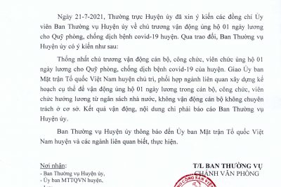 Thông báo số 341-TB/HU về chủ trương vận động ủng hộ 01 ngày lương Quỹ phòng, chống dịch Covid-19 huyện Vĩnh Thuận.